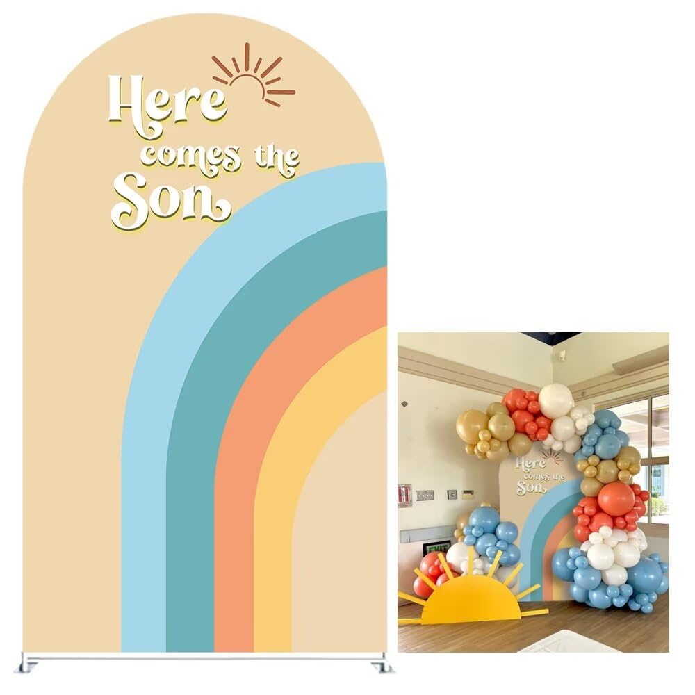 Aerdce Here Comes The Son Theme Arch Backdrop Cover Boho Sunshine Rainbow Stretchy Arched Stands Covers for Gender Reveal Party Backdrop Photo Props(