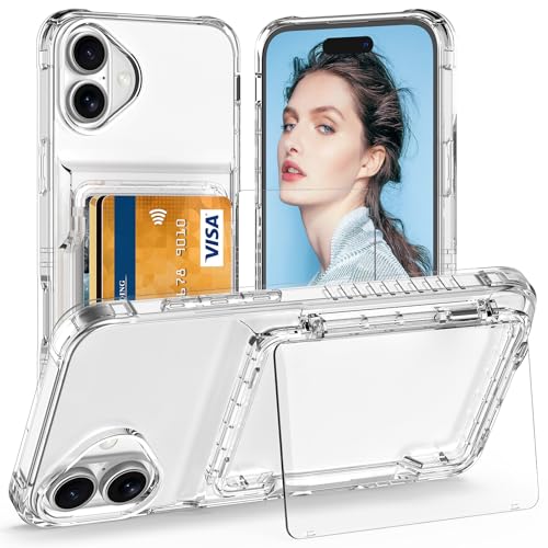 AFGHOA Funda tipo cartera para iPhone 16 con soporte, 4 tarjeteros, funda transparente para mujeres y hombres, cubierta trasera de TPU transparente resistente al amarilleamiento, funda con ranura para