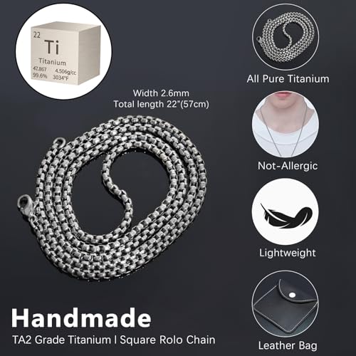 TGNEL 2.6mm Pure Titanium Box Chain Necklace for Men, Fashion Square Mens Pure Titanium Chain for Sensitive Skin 22 Inches3