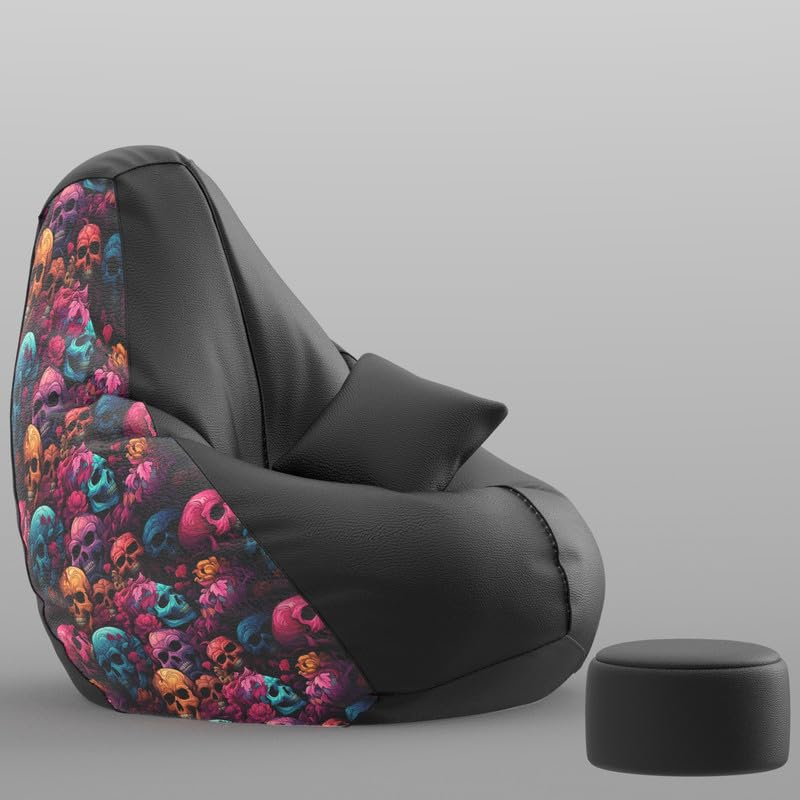 Image of Biggie Bean Bag with Beans Filled 6XL Evergreen Classics Bean Bag-Loud Prints-Soft Landings-Styled with Free Cushion & Footrest (Matching Color : Printed Skull-Black)