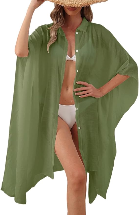Image of Batwing Sleeve Beach Cover Up Button Front Kimono Bathing Suit Cover Ups