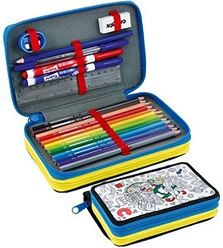 Astuccio Scuola 2 Scomparti Con Cancelleria Inclusa - 24x19.5x5.5 Cm, Stampa Monster Truck, Giallo/Blu - Foto 10