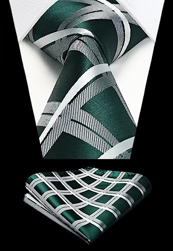 Image of HISDERN Ties for Men Formal Business Plaid Checked Mens Ties and Pocket Square Set Classic Wedding Necktie Handkerchief