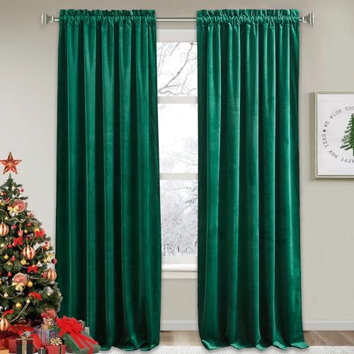 Image of RYB Home Emerald Green Velvet Curtains 84 inches - Room Darkening Curtains Thermal Insulated Soft Privacy Drapes for Bedroom Living Room Home Theatre, Wide 52 x Long 84 inches, 2 Pcs | Thermal Insulated, Privacy, Sunlight UV Heat Blocking, Luxurious Decor, Dining Room Nursery, Rod Pocket, W52 x L84, 2 Panels