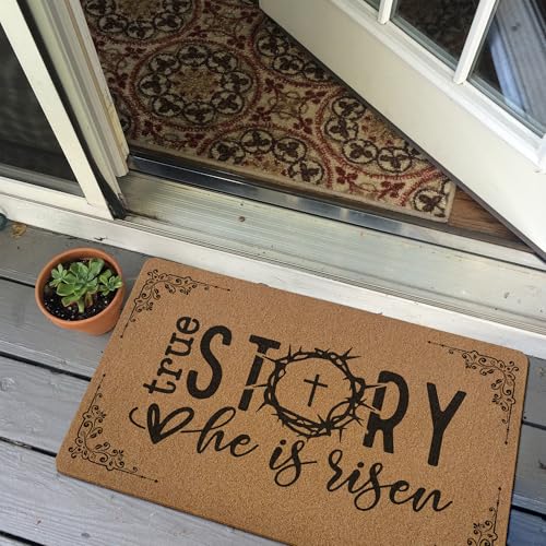 Image of Christian Easter Door Mat Doormat, He is Risen Bible Verse Welcome Front Door Mat Indoor Outdoor Entrance, Religious Easter Artificial Coir Doormats Rugs for Porch Entryway Decor 30x17in
