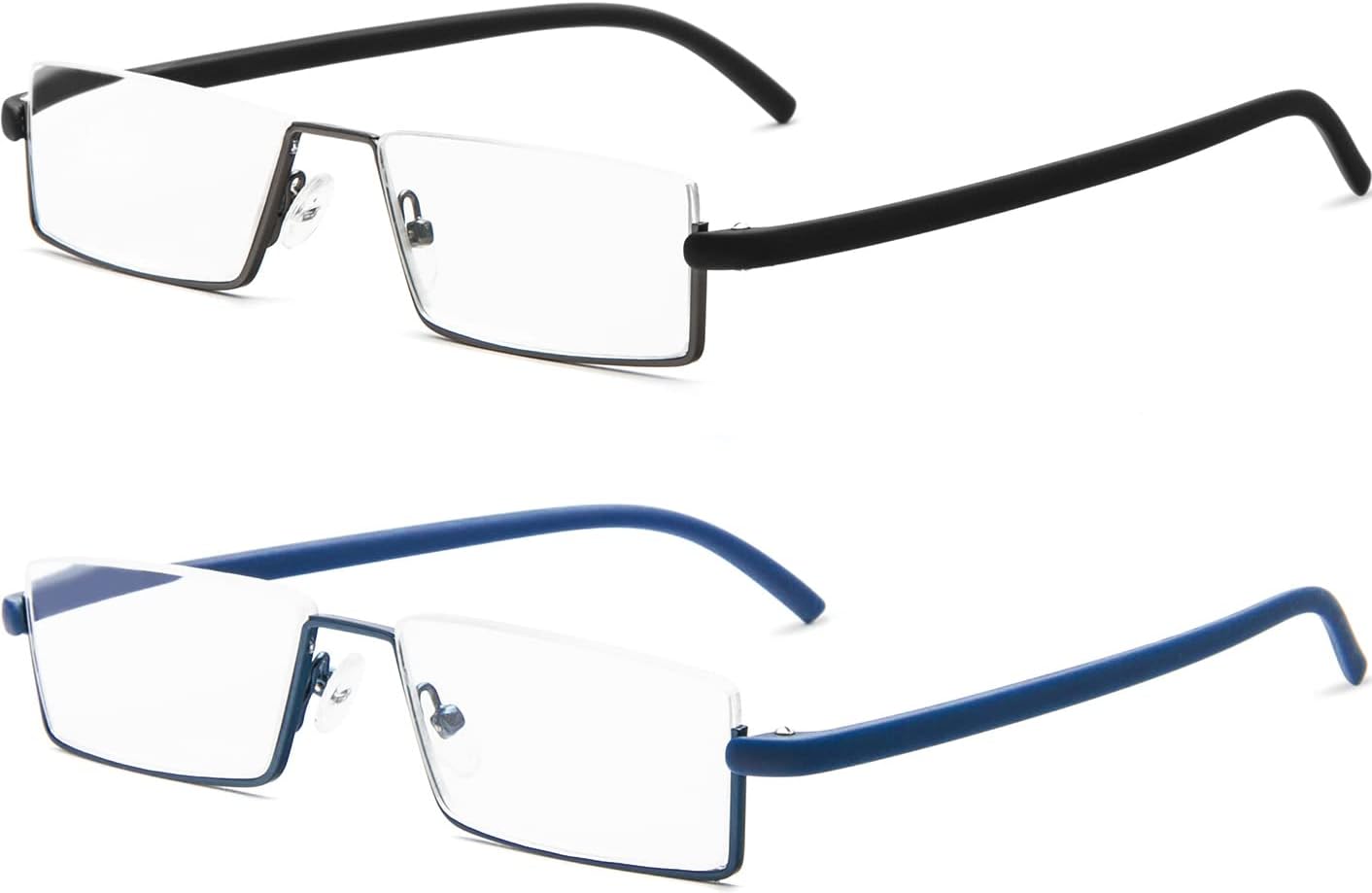 REAVEE 2 Pack Half Frame Reading Glasses for Men Women Lightweight Half Lens Metal Readers with Portable Case,Black and Blue +1.5