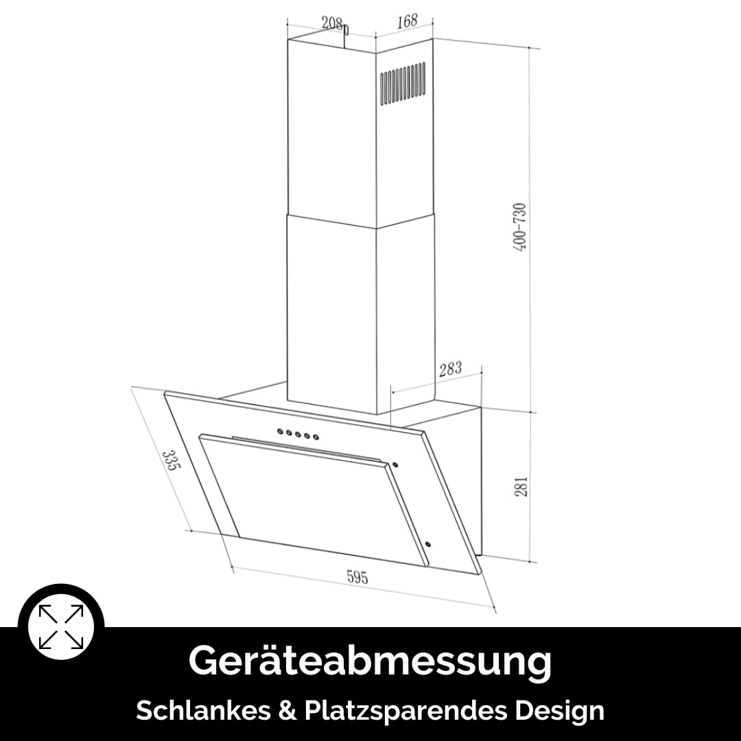 PKM Dunstabzugshaube S13-60 | kopffreie Haube | Schräghaube | Wandhaube | 60cm Breite | matt schwarz oder weiß | 3 Leistungsstufen | Abluft | Umluft mit und ohne Umluftfilter