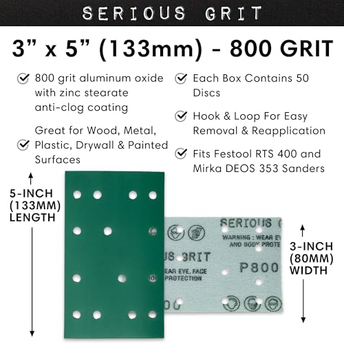 Image of Serious Grit - 3 inch x 5 inch (80x133mm) 14-Hole P800 Grit Sandpaper - 50 Pack Box | Fits Festool RTS 400 & Mirka DEOS 353 - Heavy-Duty Hook & Loop Wet /Dry Film Sanding Sheets for Doors, Cabinetry, Paint, etc