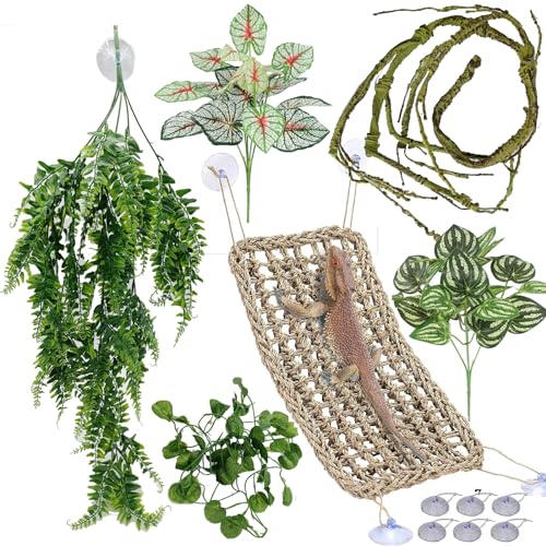MEPHAN Reptile Plants for Bearded Dragon Tank Accessories, Terrarium Plant Artificial Decor for Snake Cage, Fake Plant for Leopard Gecko Habitat, Lizard Chameleon Ball Pythons (Group BPN)