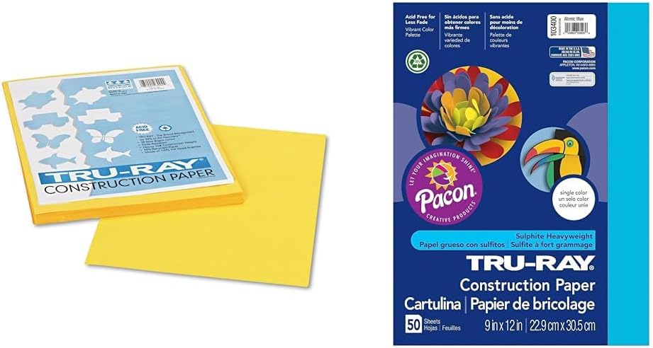 Pacon Tru-Ray Construction Paper Bundle - Yellow 50 Sheets, 9 x 12 Inches & Atomic Blue 50 Sheets, 9 x 12 Inches