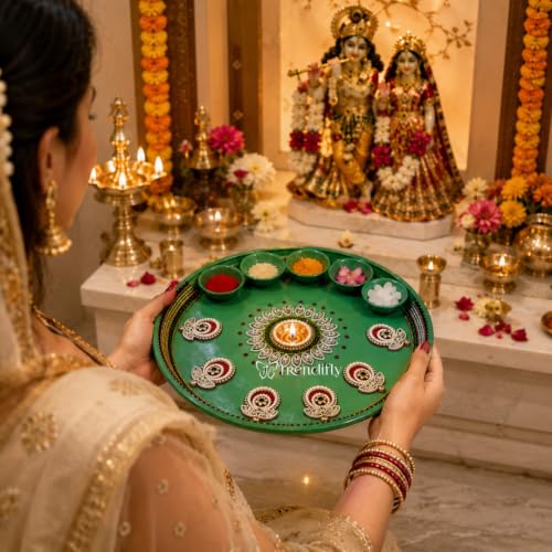 Image of Trendifly Mint Green Metal Pooja Thali Set with 5 Diya Holder | Mirror Stone Work Puja Aarti Thali Set for Home Mandir Temple Room | Home Ceremony Pooja Wedding Baby Shower Festival Return Gifts