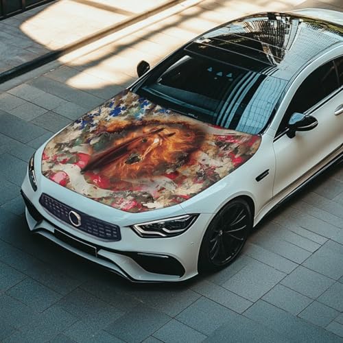 Image of Car Hood Cover Horse American Flag Print Car Hood Wraps Auto Banner Stretchable Auto Decorative Accessories for Compact Sedans SUV Trucks (59x39 Inch)