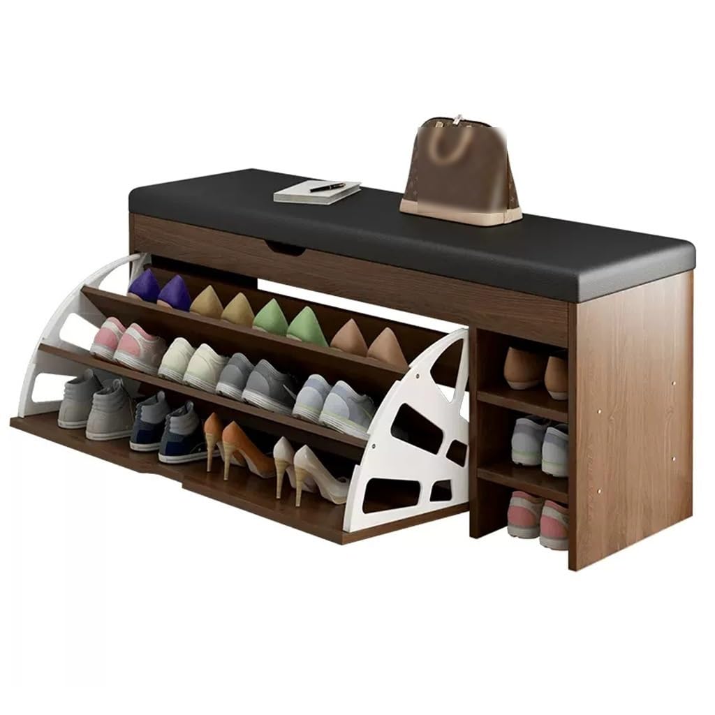 Banc de Rangement pour Chaussures à 3 Niveaux avec Coussin de Siège et Tiroir Rabattable en Bois