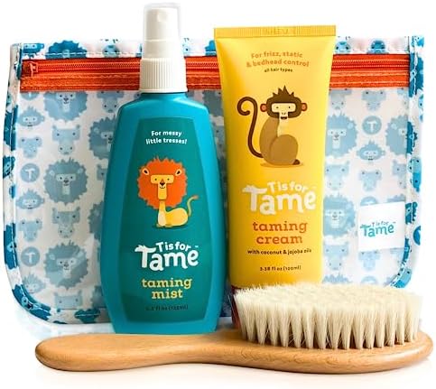T is for Tame – Kids Hair Taming Cream & Spray Bundle for Frizz, Flyaways, Static & More, All Natural Leave in Cream & Spray are Safe for Babies & Toddlers, Bag & Soft Natural Brush Included