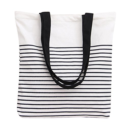 Nuni Umhängetasche aus Segeltuch, Schwarz mit Streifenmuster, Beige (Black Handles), Medium Cover