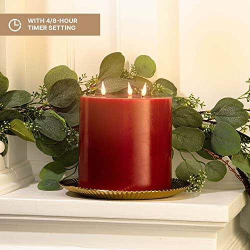 3 Wick Red Flameless Candle - 6X6 Extra Large Pillar Candle, Realistic 3D Flickering Flames With Wicks, Battery Operated, Burgundy Real Wax, Valentines Day Decor, Remote Control With Timer Included #TOP2