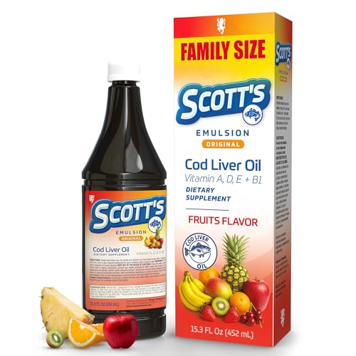SCOTT'S EMULSION Cod Liver Oil Liquid – Fruits Flavor – Family Size – Supports Growth, Immunity & Bone Health – Rich in Omega 3 & Vitamins A+D – Easy-to-Take Fish Oil for Kids & Adults – 15.3 Fl Oz