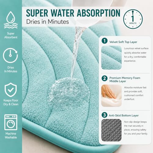 Image of Premium Memory Foam Bath Mat | 40x60cm Super Absorbent Velvet Bathroom Rug | Non-Slip Machine Washable Floor Mat (Aqua Mist)