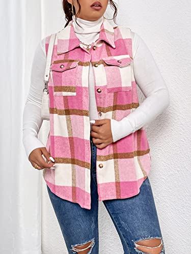 Makemechic Women's Plus Size Plaid Vest Coat Button Down Pocket Sleeveless Outerwear Jacket Pink 0Xl #TOP4