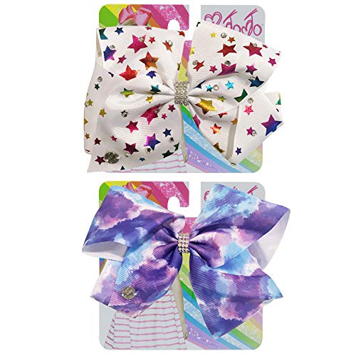 Jojo Siwa Bow for Girls Bundle, 2 Bows - White with Metallic Rainbow Stars and Blue Tie Dye