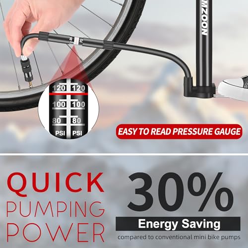 AMZOON Bike Pump with Pressure Gauge Mini Bicycle Pump with 250mm Extra Long Hose Fits Presta & Schrader Valves - Image 2