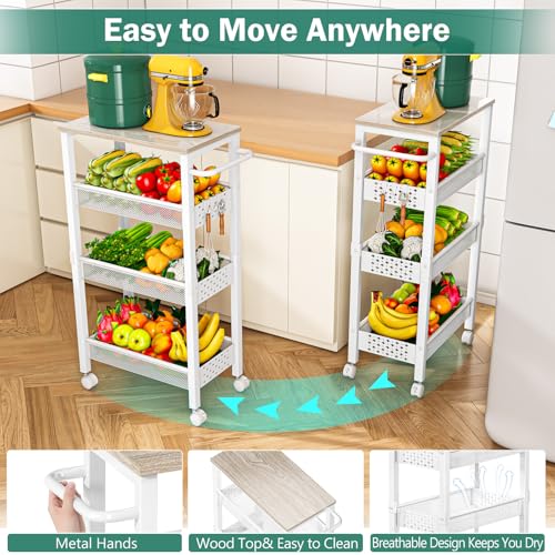 Image of Vivihomety Utility Slim Storage Cart with Wheels, 4 Tier Small Rolling Cart with Wood Top, Metal Kitchen Bathroom Laundry Room Organization Trolley with Handle for Narrow Space - White
