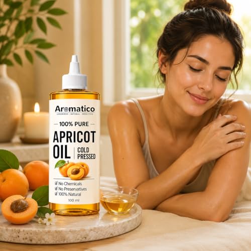 Image of Aromatico Apricot Oil for Hair, Face & Body Massage | Cold Pressed Apricot Kernel Oil for Dry Skin, Hair Nourishment & Moisturizing Care | Lightweight Carrier for Men & Women | 100ml