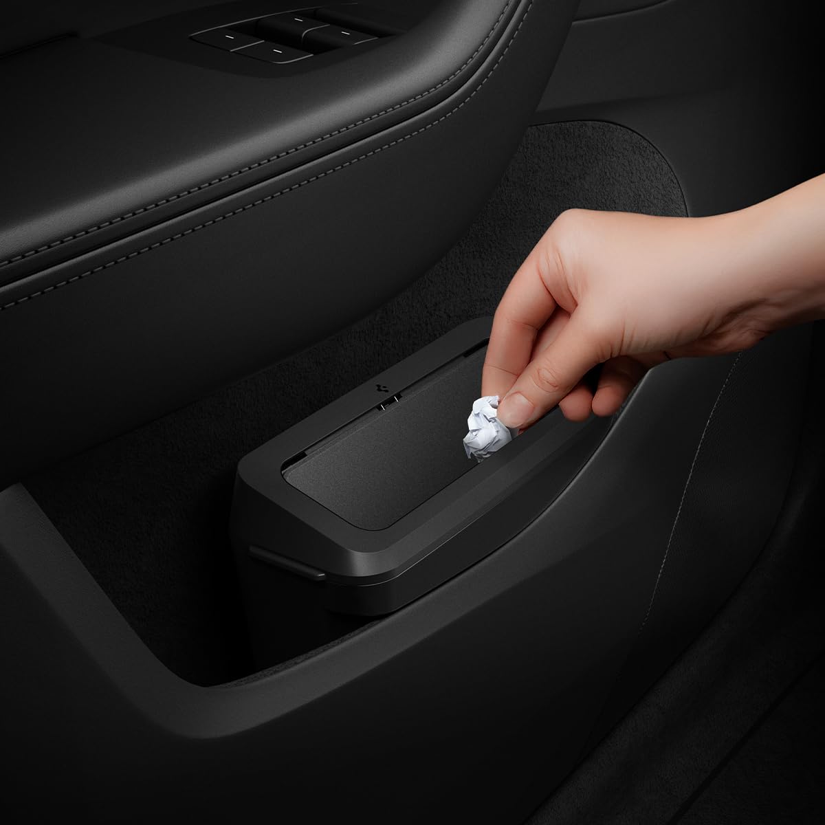 Spigen Tesla Model Y Juniper (2025-2026 Premium & Performance) Portarifiuti per Auto【Inclusi 50 sacchetti] Mini Pattumiera da Portiera Anteriore Lato Guida con Portaoggetti, Design Salvaspazio
