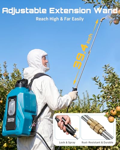 SEESII Backpack Sprayer Battery Powered, Leak-Proof 5-Gallon, Dual Battery Electric Sprayer with Telescopic Brass Wand & 7 Nozzles, 100 PSI Adjustable Pressure for Weed Lawn Garden Pest Control — view 5