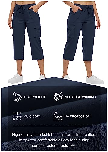 Rdruko Ladies Walking Cargo Shorts Elastic Waist Capri Pants Navy Blue M - Image 6