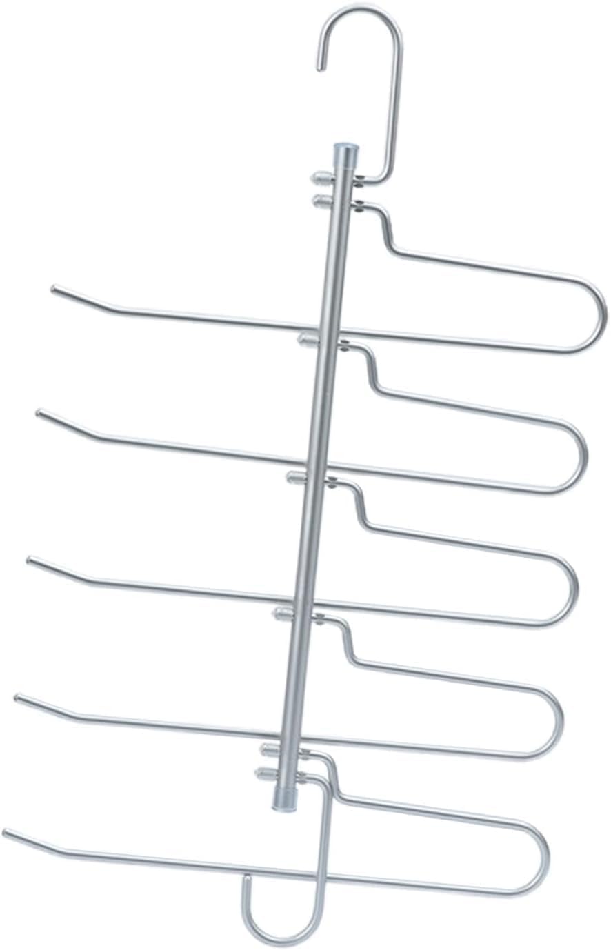 5 Layers Pants Hangers Space Saving, 1 Pack Non Slip Stainless Steel Multifunctional Rack Closet Organizer with Hooks for Leggings Trousers D0D3025(Argent)