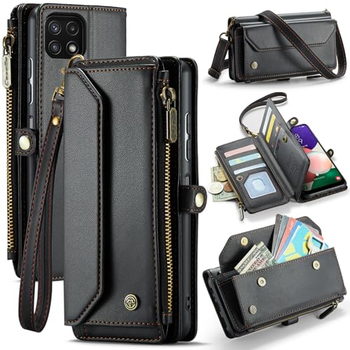 FONREST Leather Purse Bag Case for Samsung Galaxy A22 5G(NOT 4G), Magnetic Flip Wallet Cover with Kickstand RFID Blocking Card Holders Cash Slot Zipper Pocket Crossbody Lanyard Wrist Strap (Black)