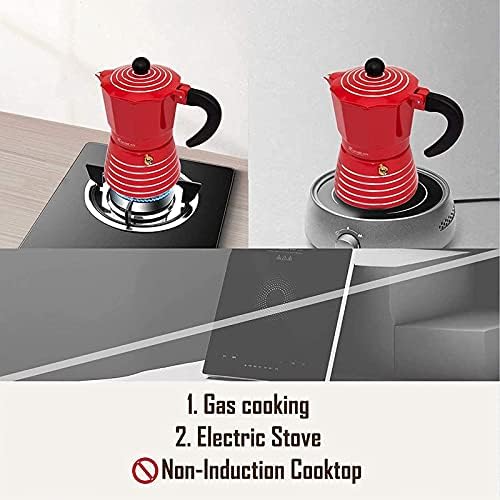 RAINBEAN Espresso Maker 6 Cups Moka Pot Set, Steam Italian Stovetop Coffee Makers Percolator, Aluminum Ripple Ring Design, Easy To Use & Clean (6 Cups/300ml, Red)