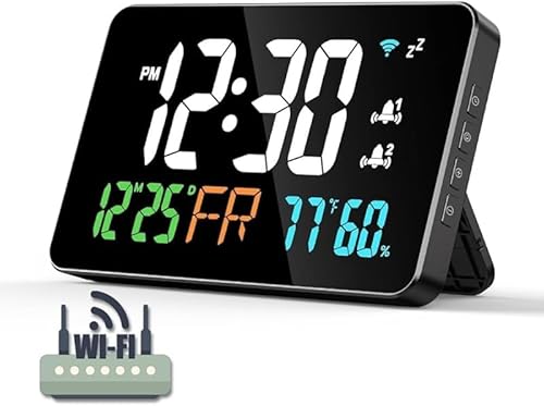 Rutexc 置き時計、LED 大文字表示 温度・湿度・カレンダー・アラーム 耐用 設置容易 スマート温度計 WiFi 自動時刻修正温湿度電子時計 シンプルスマート リビング・ベッドルーム等住宅シーン用、生活の利便性向上と住環境の質の向上に寄与します。お気