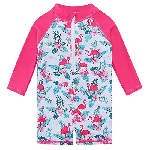uideazone Baby Girls Long Sleeve Rash Guard Beachwear Flamingo One Piece Swimwear Batthing Suits UPF 50+ Sun Protection with Zipper 12-18 Months