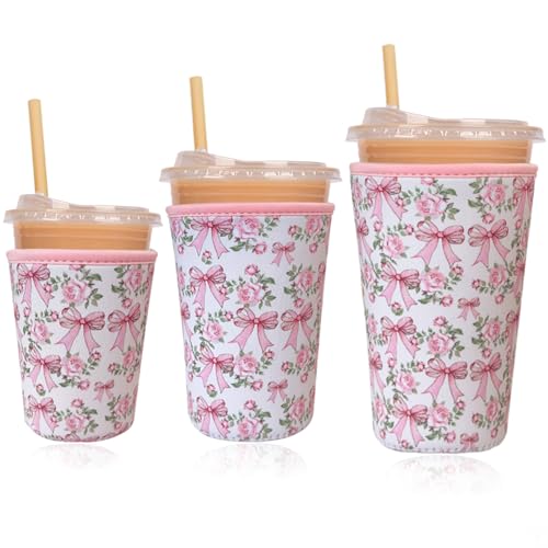 Image of Reusable Insulated Neoprene Iced Coffee Cup Sleeve, Durable Drink Sleeve for Cold Beverages, Beverage Holder for Iced Coffee, Ribbon Rose
