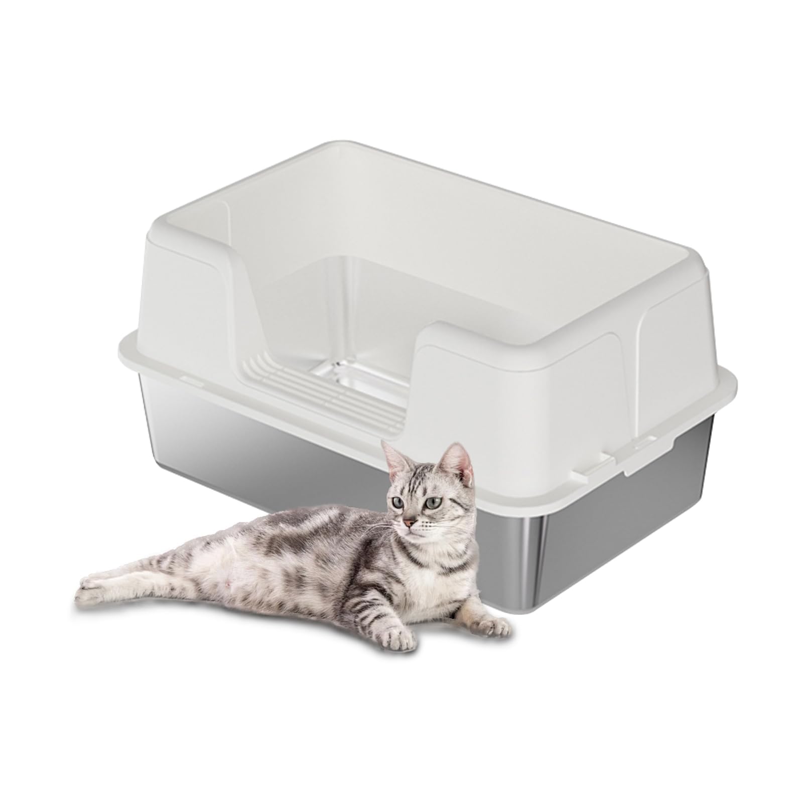 XXL Stainless Steel Cat Litter Box – High Sided, Splash-Proof Enclosed Metal Tray, Anti-Urine Leakage, Odor-Free, Non-Slip, Detachable for Kittens & Adult Cats – White 20in high, 60 x 40 x 36.5cm