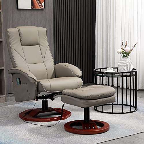 Homcom Massage Recliner Chair With Ottoman, Electric Faux Leather Recliner With 10 Vibration Points And 5 Massage Mode, Swivel Reclining Chair With Remote Control, Wood Base And Side Pocket, Grey #TOP1