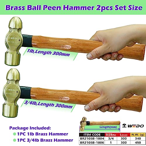 Image of WEDO 2PCS Brass Ball Peen Hammer Set, 12 oz+16 oz(3 /4lb+1lb), Brass Ball Pein Hammer Set with Wooden Handle, Die-Forged, Corrosion Resistant, DIN Standard