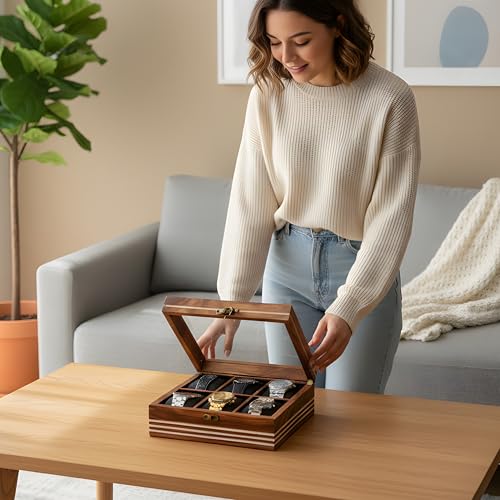 Image of Watch box for women & men, Wooden organizer, Handmade Holder For Men, Custom Valet Box with Brass Lock, Christmas, Anniversary, Valentine;s Day, Father's Day (Dark Brown 6 Slots)
