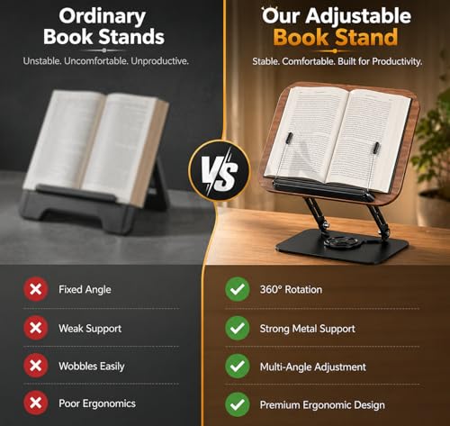Image of PANCA Adjustable Book Stand for Reading & Laptop Stand for Desk | 360 Rotating Base Wooden Book Holder | Multi-Angle Cookbook, Textbook, Tablet & Laptop Stand for Study, Office & Home Use