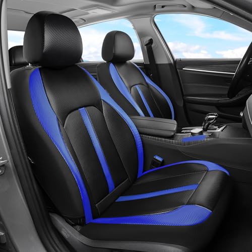 Image of Coverado Leather Car Seat Covers Full Set & Carbon Fiber, Waterproof and Durable All Weather Protector, Universal Fit for SUV, Pickup Truck, Sedan, Automotive Vehicle Interior, Black&Blue