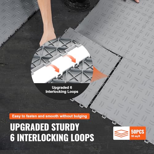 Image of VEVOR Garage Floor Tiles 12 x 12 x 0.53 inch, Interlocking Design Ease of Installation Double-Sided Texture Non-Slip Sturdiness, for Garages, Basements, Repair Shops, Silver, 50 Pack | Easy Installation Double-Sided Texture Non-Slip Sturdiness, Premium PP for Garage, Basement, Repair Shop, Silver
