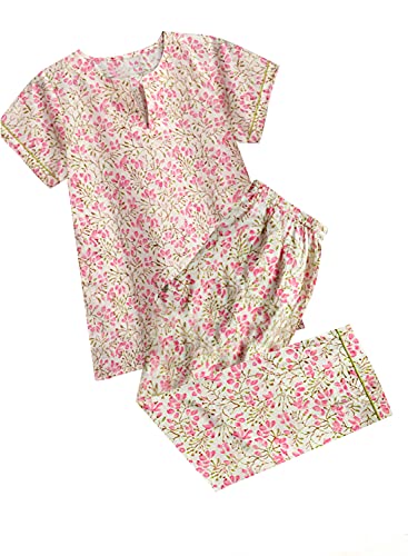Image of A.T.U.N. (ALL THINGS UBER NICE) Womens Handblock Printed Cotton Pajama Set | Short Sleeve Night Dress