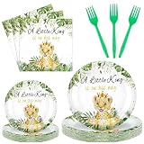 Sunnyray 96 Pieces Baby Shower Plates and Napkins Party Decorations Supplies Baby Shower Party Dessert Plates Napkins Forks for 24 Guests(A Little King is on His Way)
