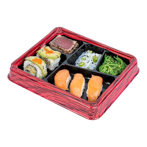 Restaurantware-Bento Tek 18.3 Ounce Meal Prep Containers, 50 Disposable To Go Food Boxes - Lids Sold Separately, 5 Compartments, Red And Black Plastic Bento Lunch Boxes, Freezable, For Take Out