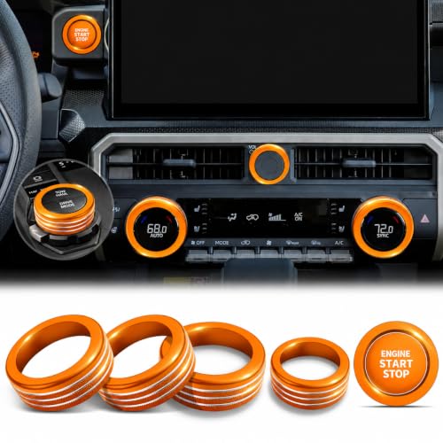 Image of for Toyota Tacoma 2024-2026 & 4Runner 2025-2026, 14-Inch Screen Aluminum Alloy Knob Cover Trim - Fits Push Start, AC, Volume & 4WD Gear Switch (Orange, 6-Piece Set)
