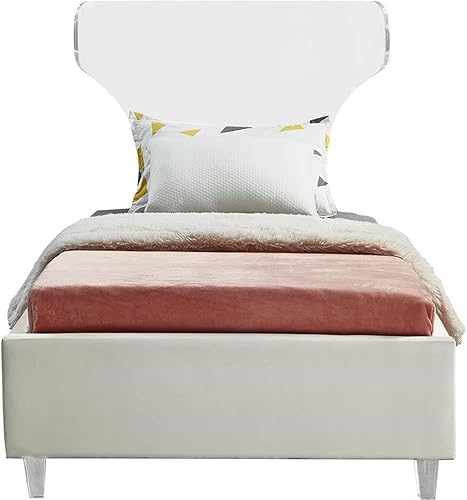 Vista 4 de Meridian Furniture Colección Ghost Modern Cama tapizada de terciopelo contemporánea con cabecera y patas acrílicas, tamaño individual, color crema