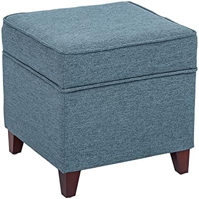 Adeco 17’’ Square Ottoman with Storage- Small Storage Ottoman Foot Rest with Hinged Lid- Blue Faux Linen Fabric Upholstered Footstool with Sturdy Wood Legs
