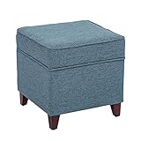 Asense 17 Inch Square Storage Ottoman,Small Foot Rest Stool for Couch, Faux Linen Fabric Upholstered Footstool Cube for Entryway Bedroom Living Room, Blue